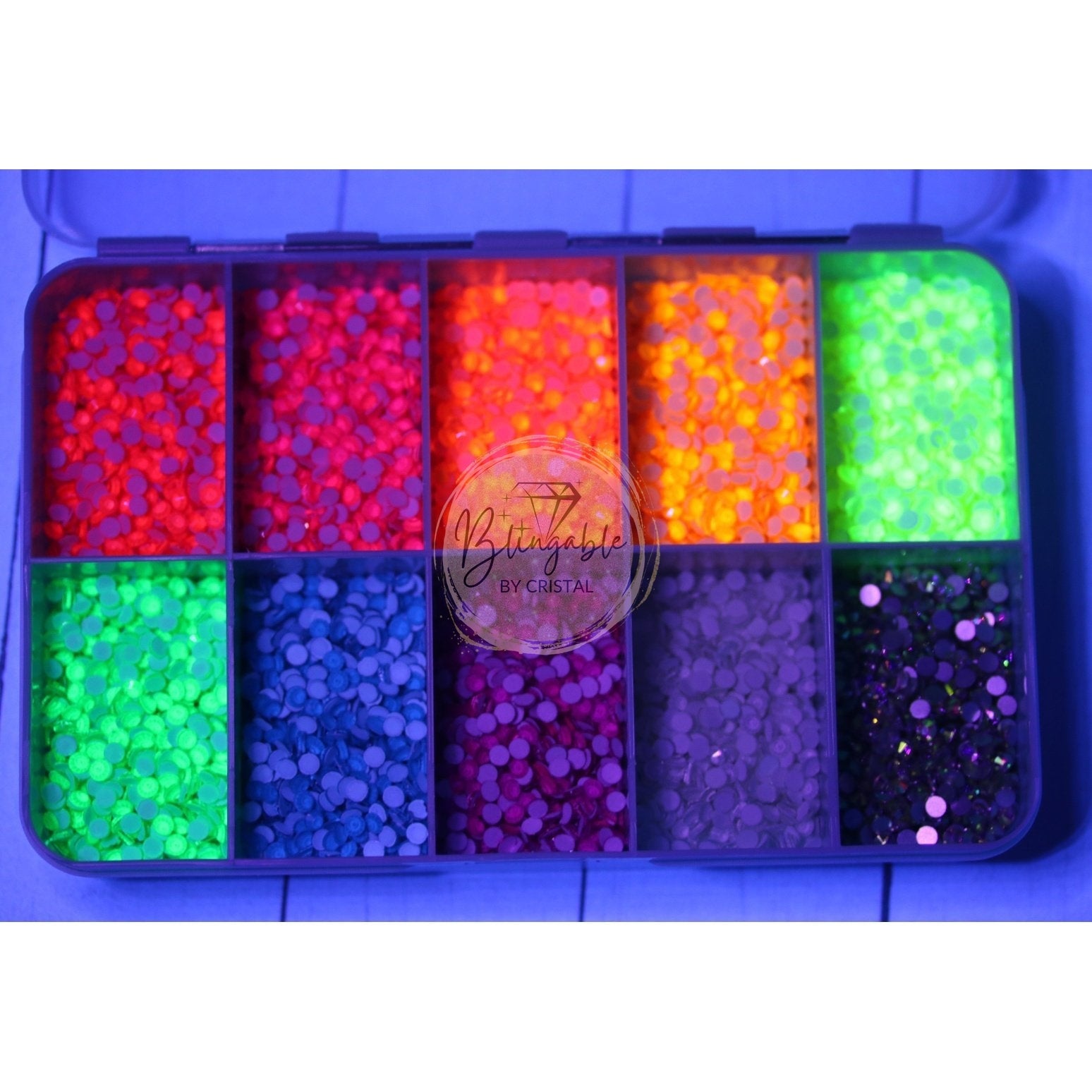 Neon Rhinestones glowing under UV Light